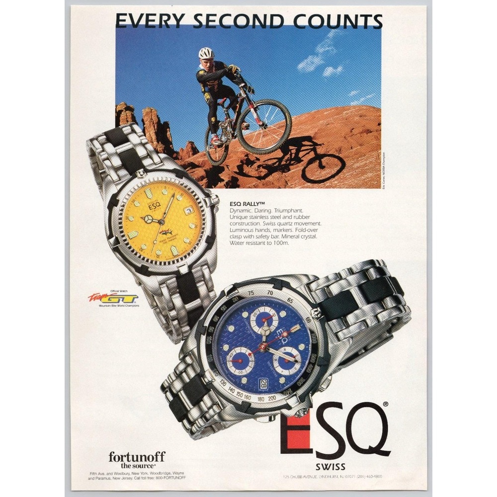 ESQ Swiss Watch Rally Mountain Bike Racing Action Sports‎ Vintage Print Ad 1998